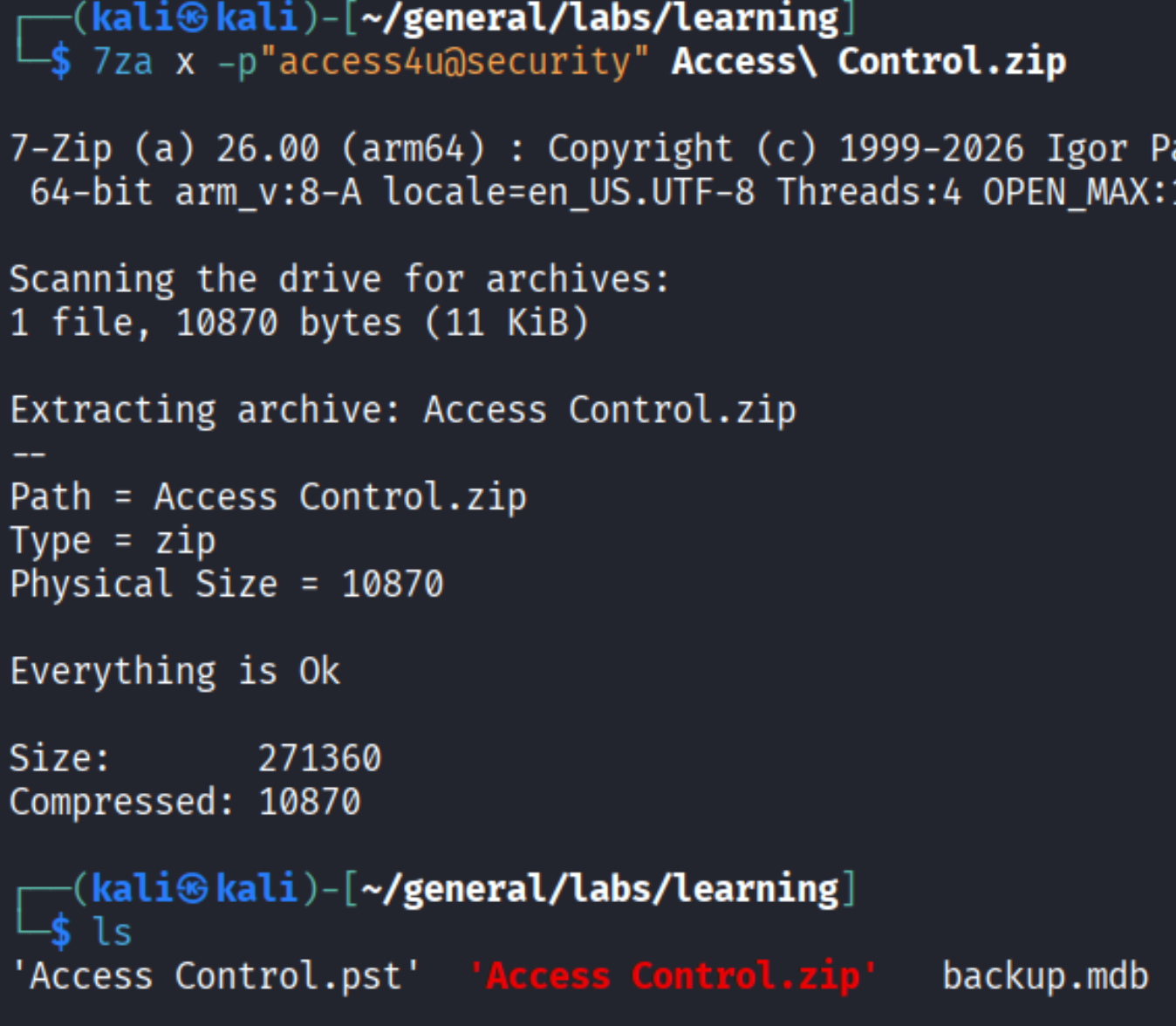 7za extracting Access Control.zip with password access4u@security - Everything is Ok, extracted Access Control.pst