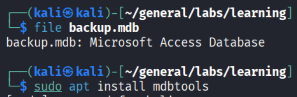 file backup.mdb - Microsoft Access Database; sudo apt install mdbtools command