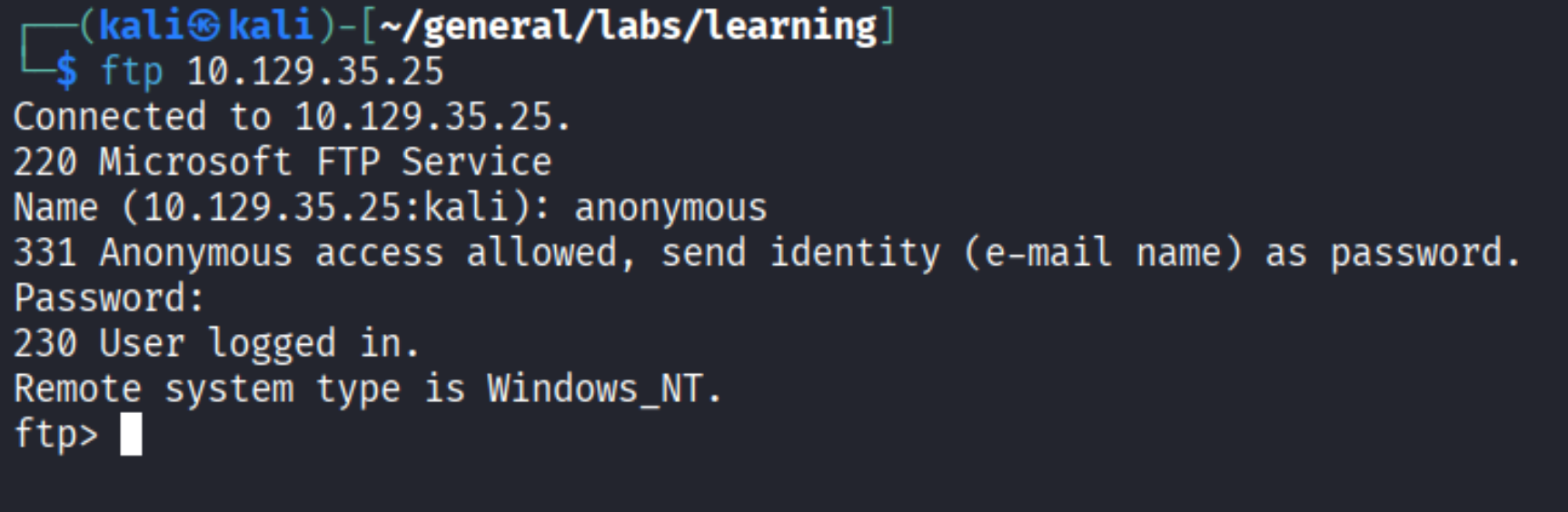FTP connection to 10.129.35.25 with anonymous login - 230 User logged in, Windows_NT system