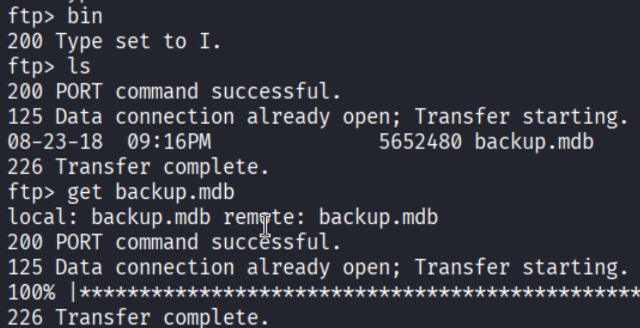 FTP bin command (Type set to I), ls Backups shows backup.mdb 5652480 bytes, get backup.mdb - 100% transfer complete