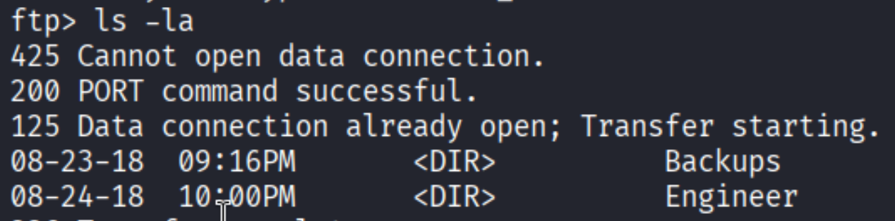 FTP ls -la showing Backups directory (08-23-18) and Engineer directory (08-24-18)