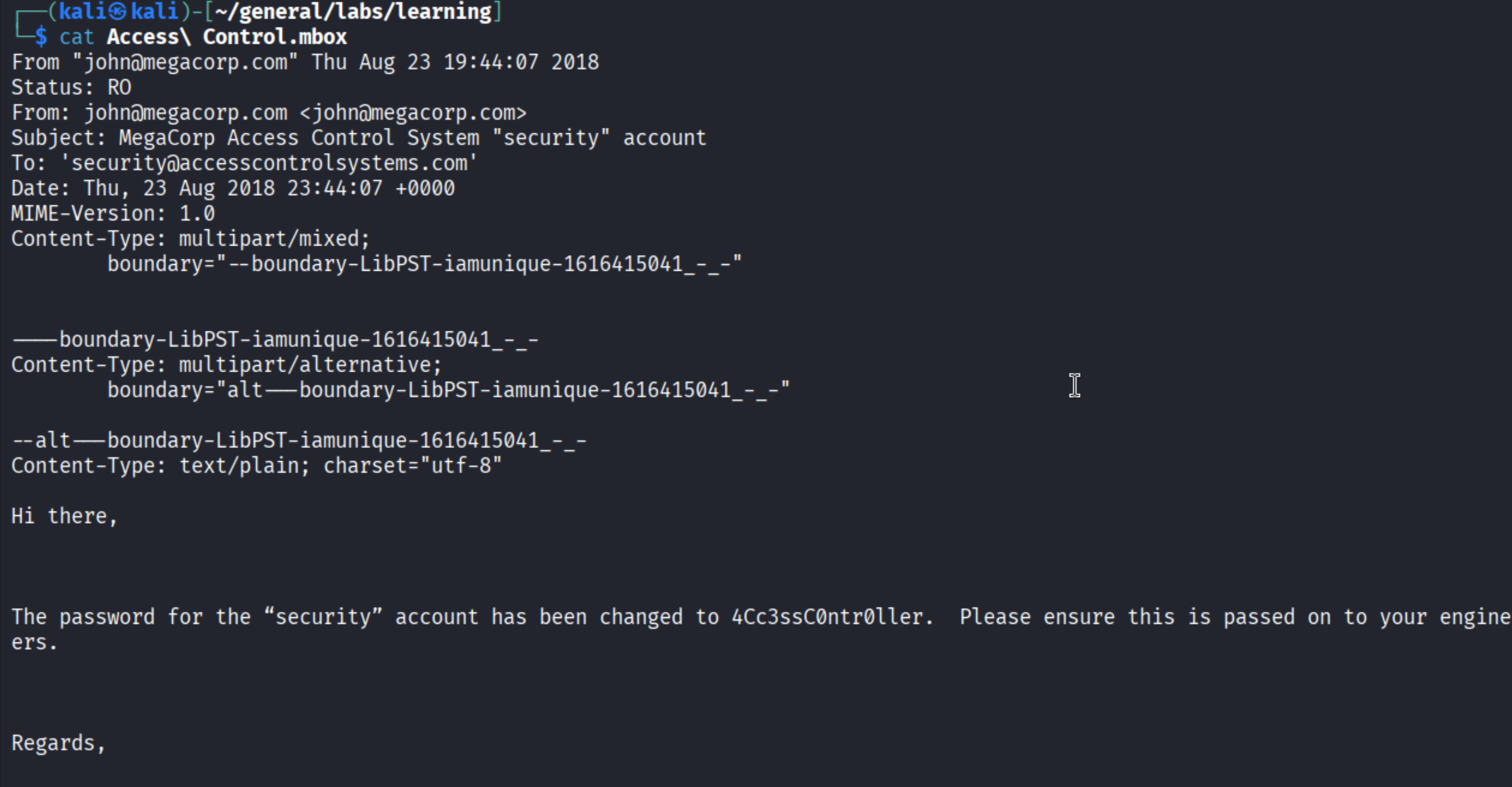 cat Access Control.mbox - email from john@megacorp.com to security@accesscontrolsystems.com - body reads: &ldquo;The password for the security account has been changed to 4Cc3ssC0ntr0ller. Please ensure this is passed on to your engineers.&rdquo;