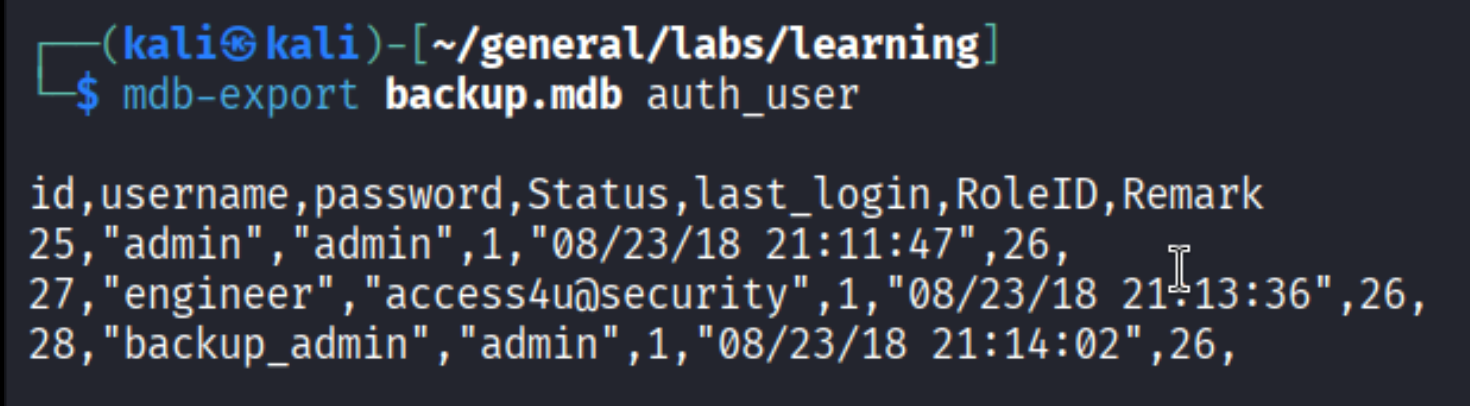 mdb-export backup.mdb auth_user: id, username, password columns - admin/admin, engineer/access4u@security, backup_admin/admin