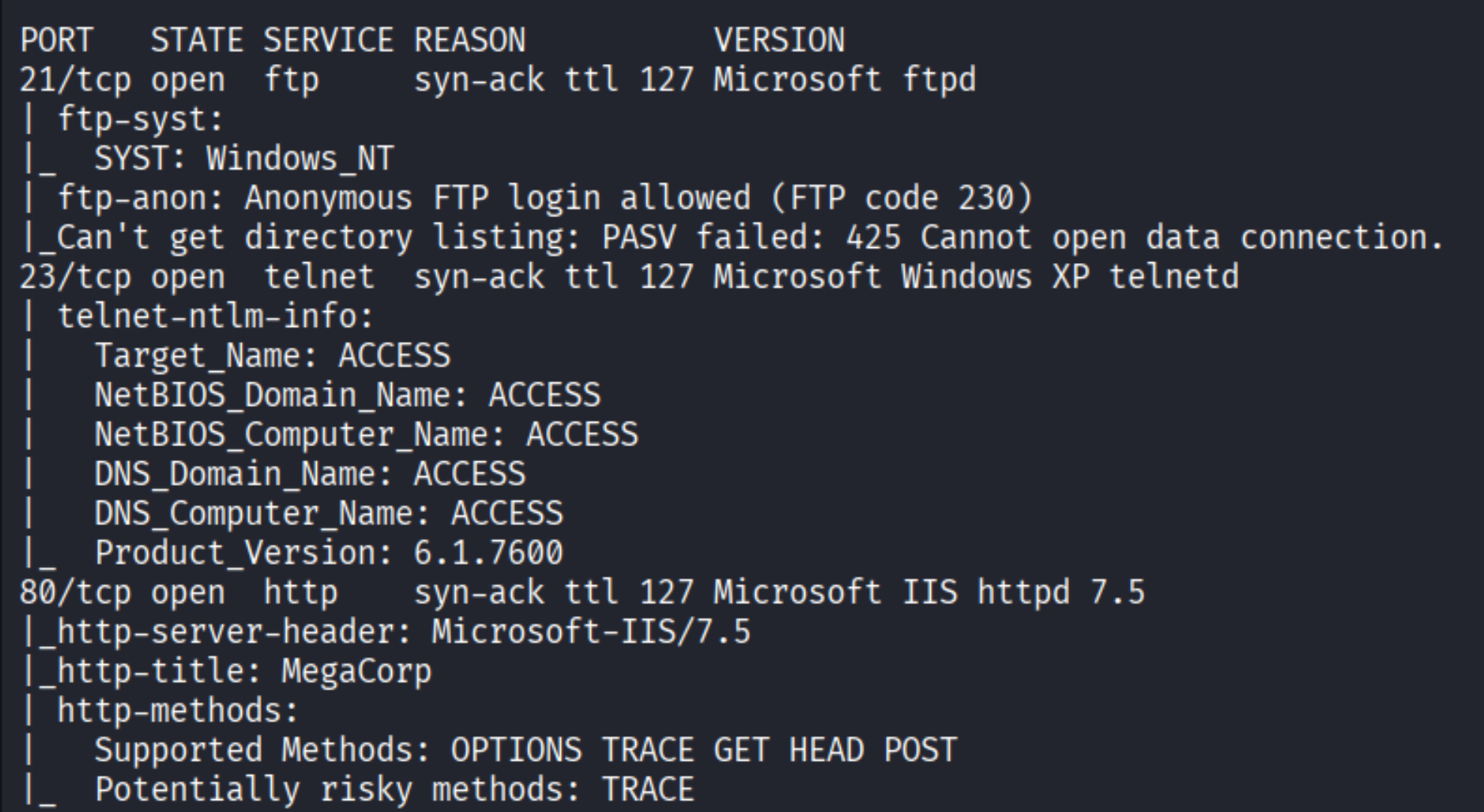 Nmap output showing port 21 FTP (anonymous allowed), 23 Telnet (Windows XP telnetd, TARGET: ACCESS), 80 HTTP (IIS 7.5, title: MegaCorp)