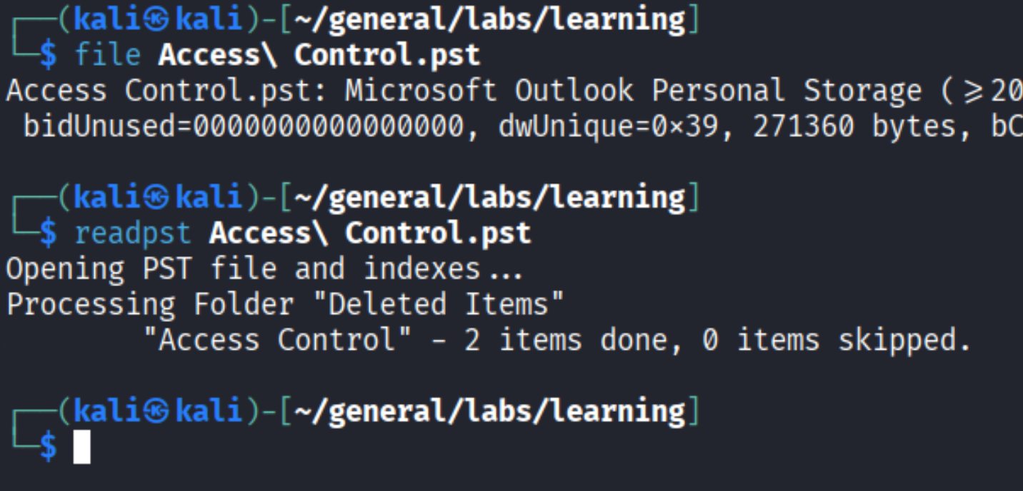 file Access Control.pst - Microsoft Outlook Personal Storage; readpst converting it, processing Deleted Items folder, 2 items done
