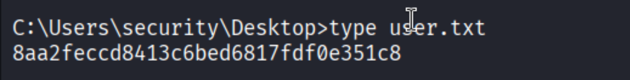 C:\\Users\\security\\Desktop> type user.txt - 8aa2feccd8413c6bed6817fdf0e351c8