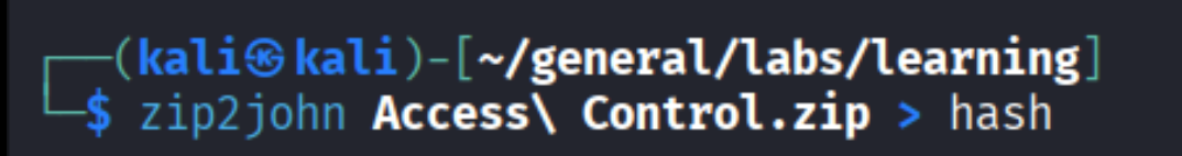 zip2john &ldquo;Access Control.zip&rdquo; > hash