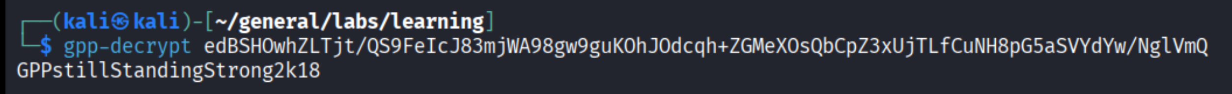 gpp-decrypt output showing GPPstillStandingStrong2k18