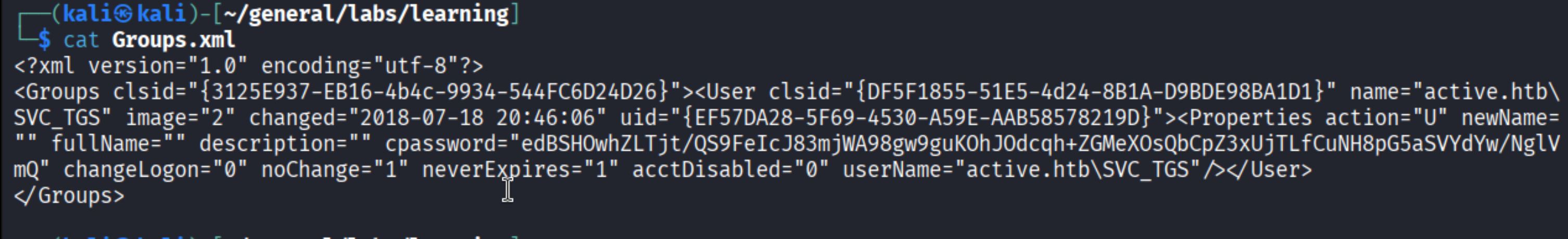 cat Groups.xml showing SVC_TGS username and cpassword hash