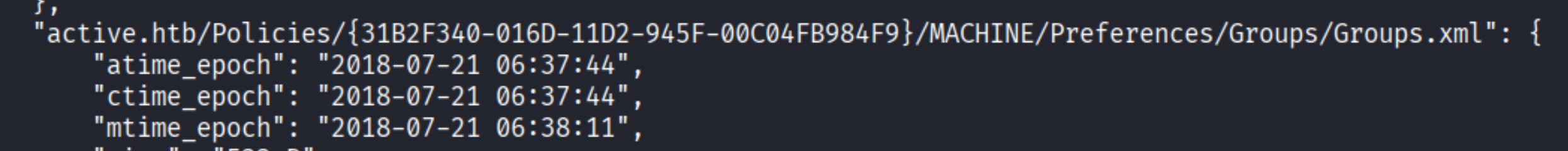 JSON metadata showing Groups.xml path inside the Policies folder