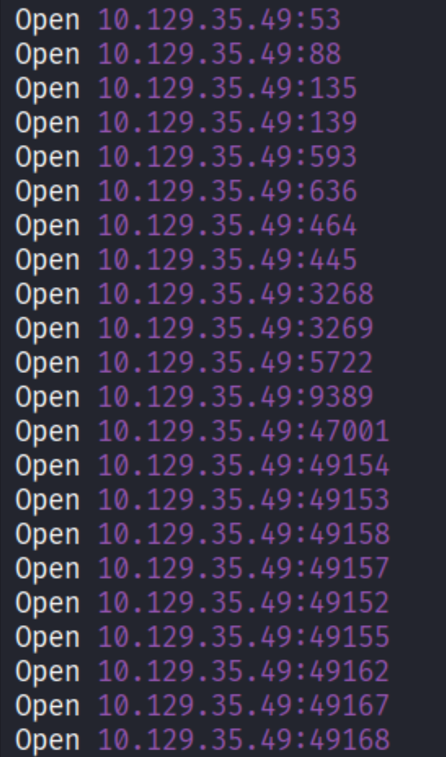 Port scan results showing open DC ports
