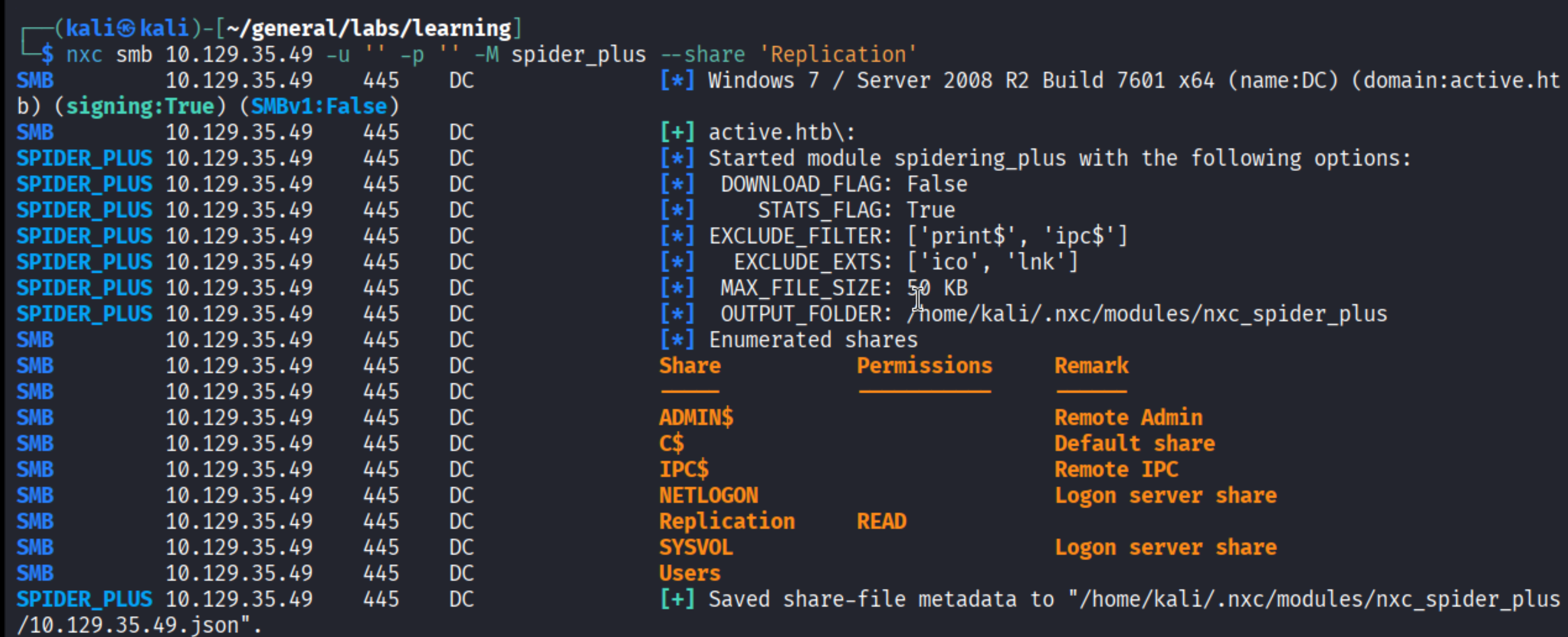 spider_plus crawling the Replication share and saving metadata