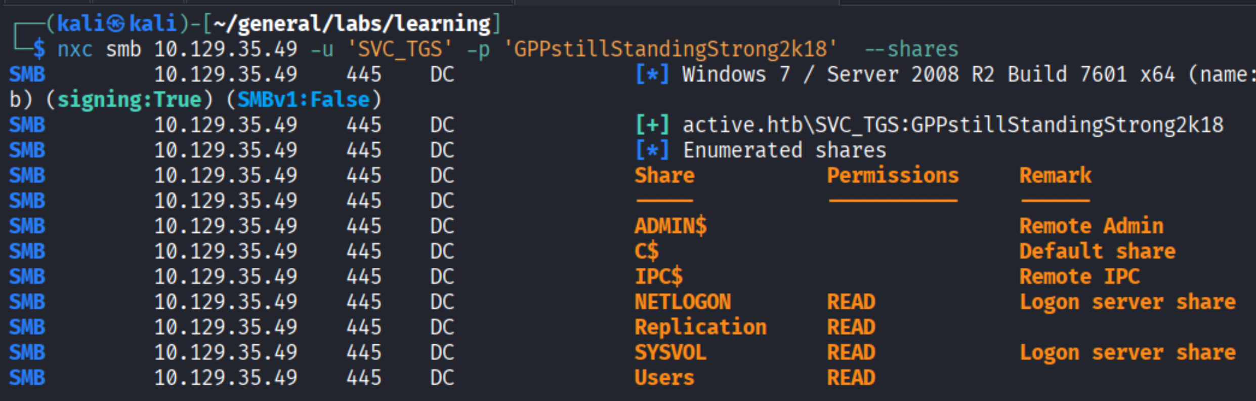nxc SMB authenticated as SVC_TGS showing additional readable shares