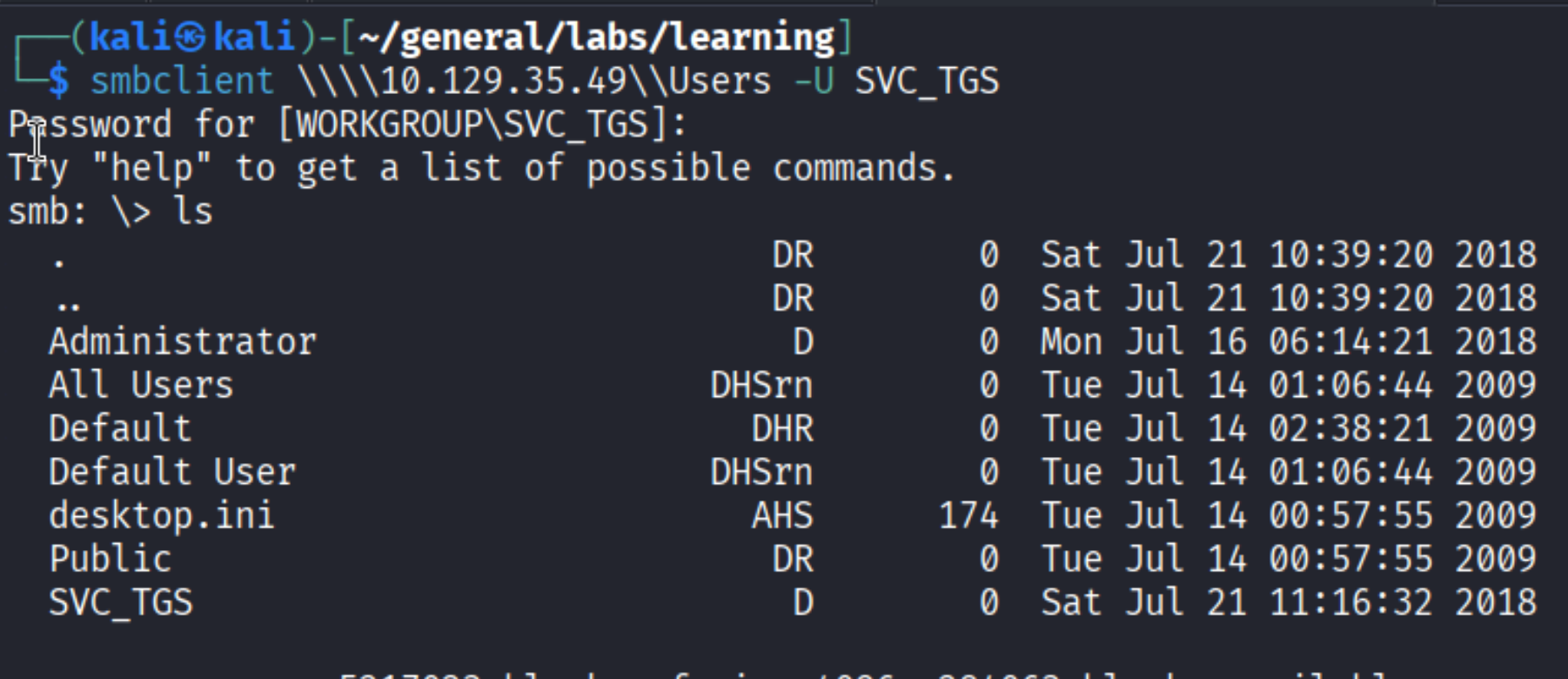 smbclient connected to Users share showing home directories