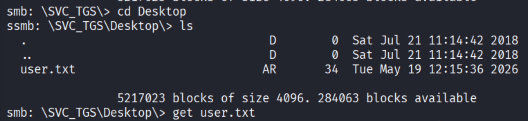Desktop listing showing user.txt