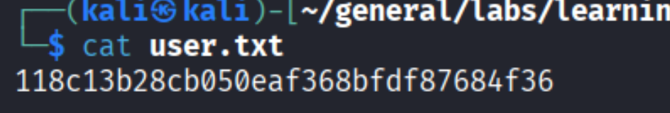 cat user.txt showing the user flag