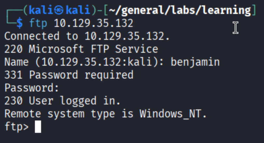 FTP login as Benjamin successful