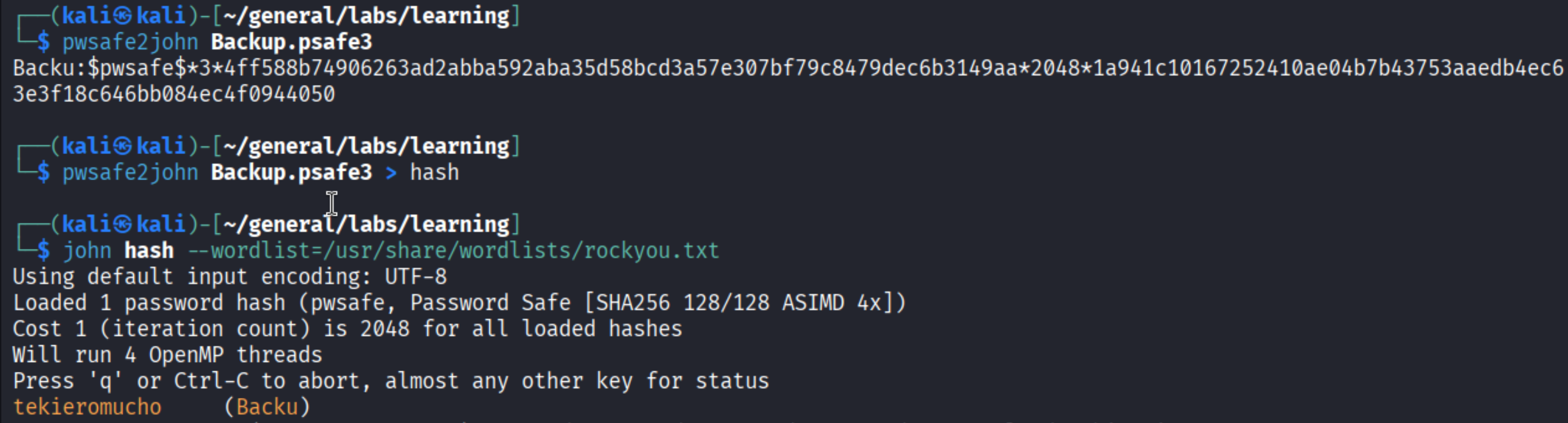 pwsafe2john + john cracking - password: tekieromucho