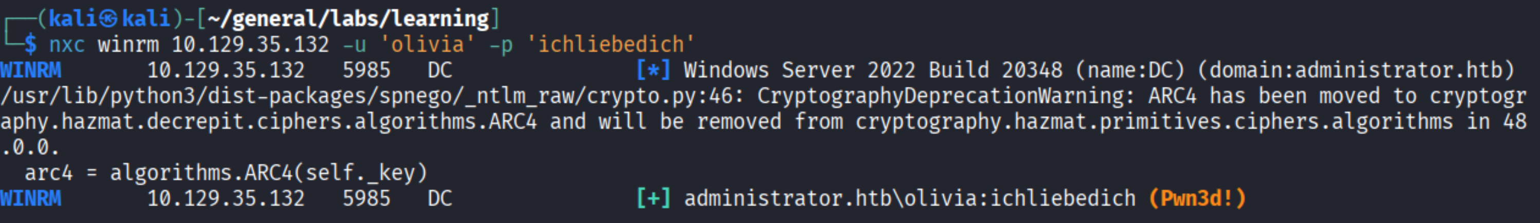 WinRM login as Olivia confirmed