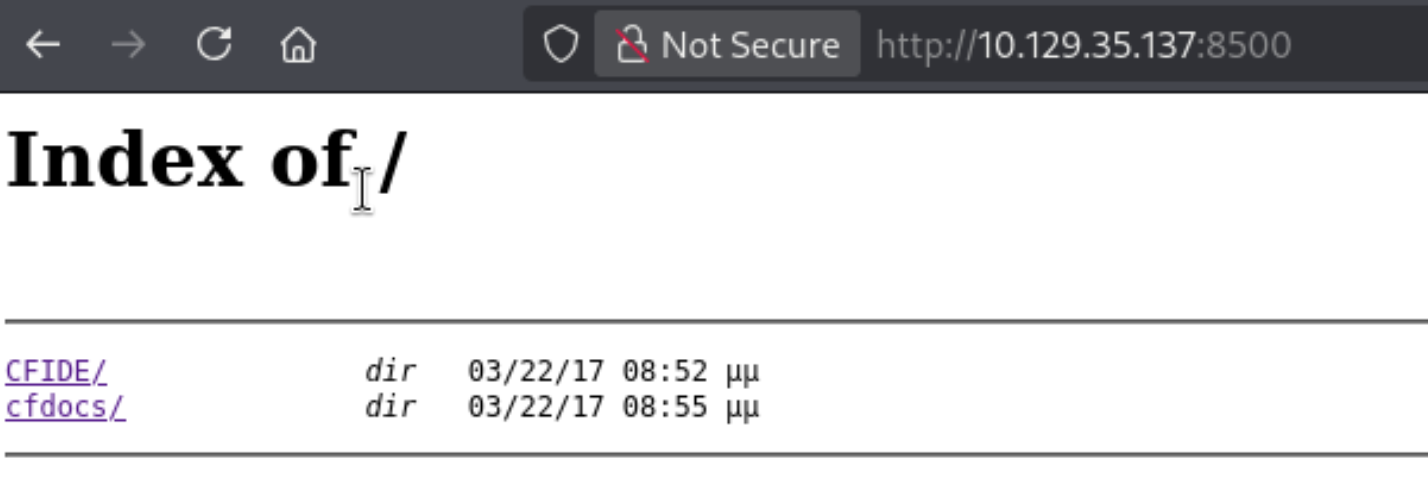Port 8500 directory index showing CFIDE and cfdocs