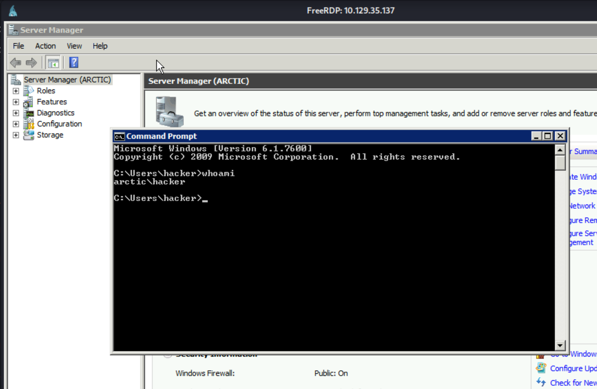 FreeRDP session as arctic\\hacker with Server Manager open