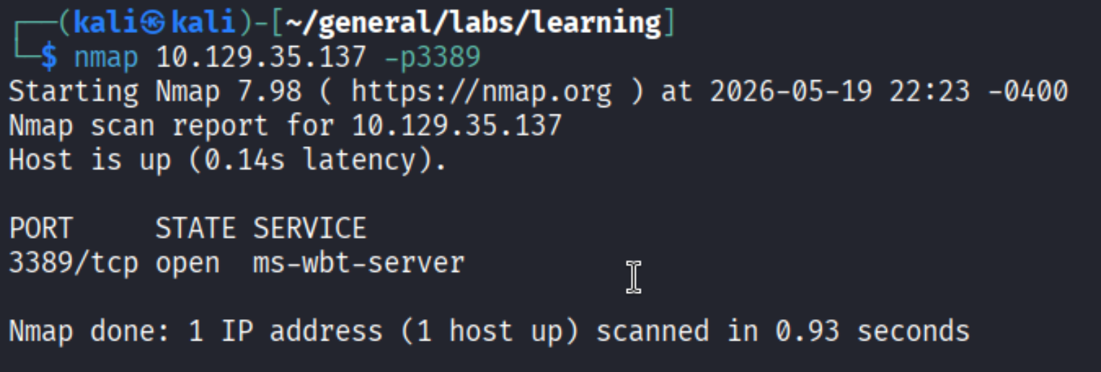nmap -p3389 shows RDP open