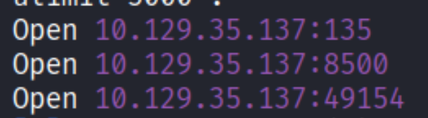Rustscan output - ports 135, 8500, 49154