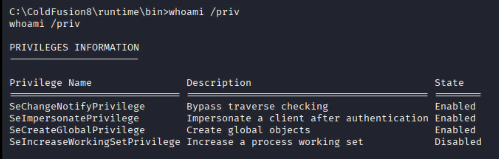whoami /priv showing SeImpersonatePrivilege enabled