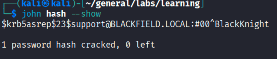 john showing support@BLACKFIELD.LOCAL cracked with password #00^BlackKnight