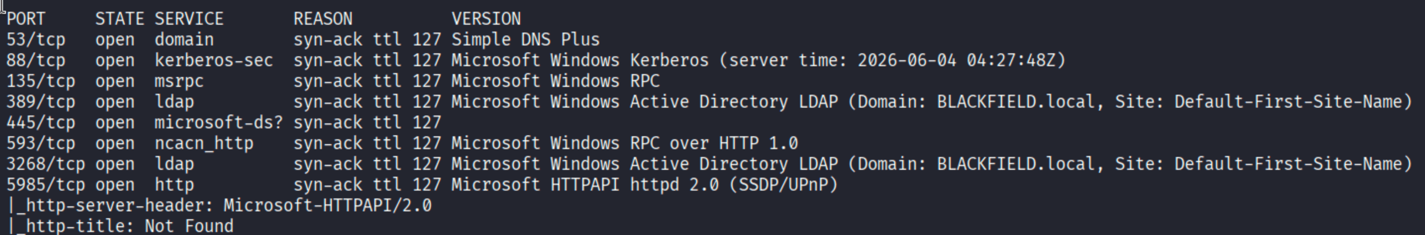 nmap showing ports 53 88 135 389 445 3268 5985 open on BLACKFIELD.local domain controller