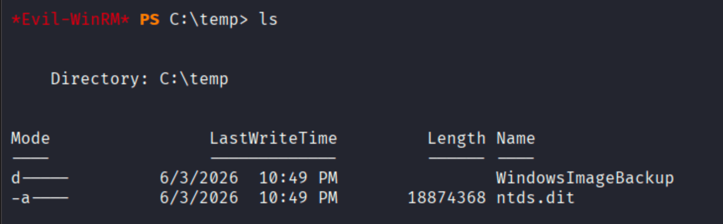 ls C:\\temp showing ntds.dit at 18874368 bytes extracted successfully