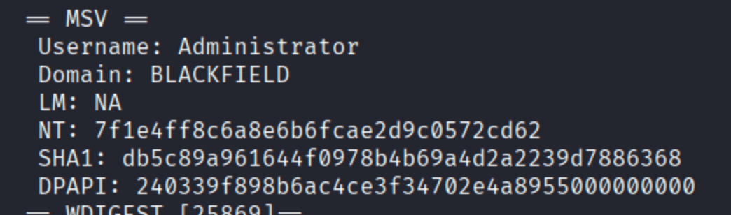 pypykatz MSV section showing Administrator NT hash 7f1e4ff8c6a8e6b6fcae2d9c0572cd62