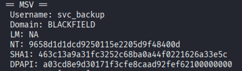 pypykatz MSV section showing svc_backup NT hash 9658d1d1dcd9250115e2205d9f48400d