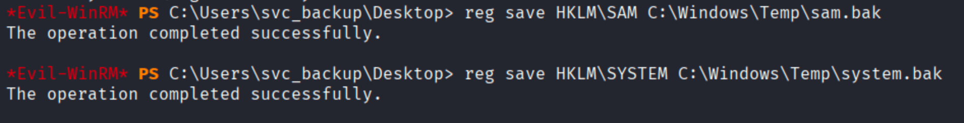 reg save HKLM\\SAM and HKLM\\SYSTEM both completing successfully in svc_backup session