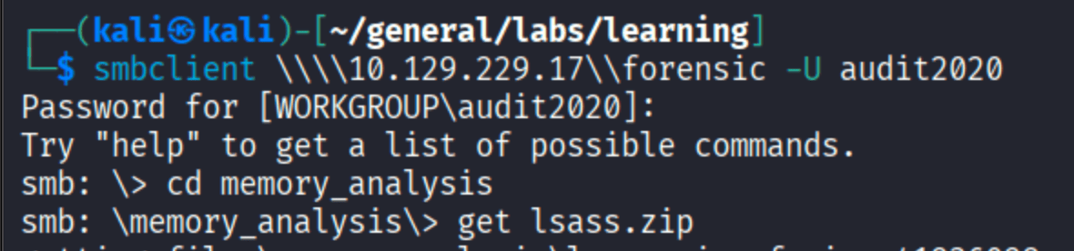 smbclient connecting to forensic share as audit2020, navigating to memory_analysis and downloading lsass.zip