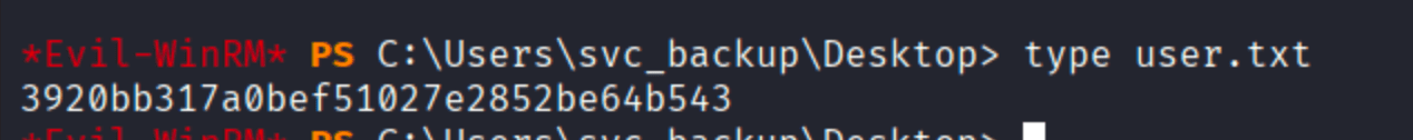 evil-winrm shell as svc_backup showing user.txt 3920bb317a0bef51027e2852be64b543